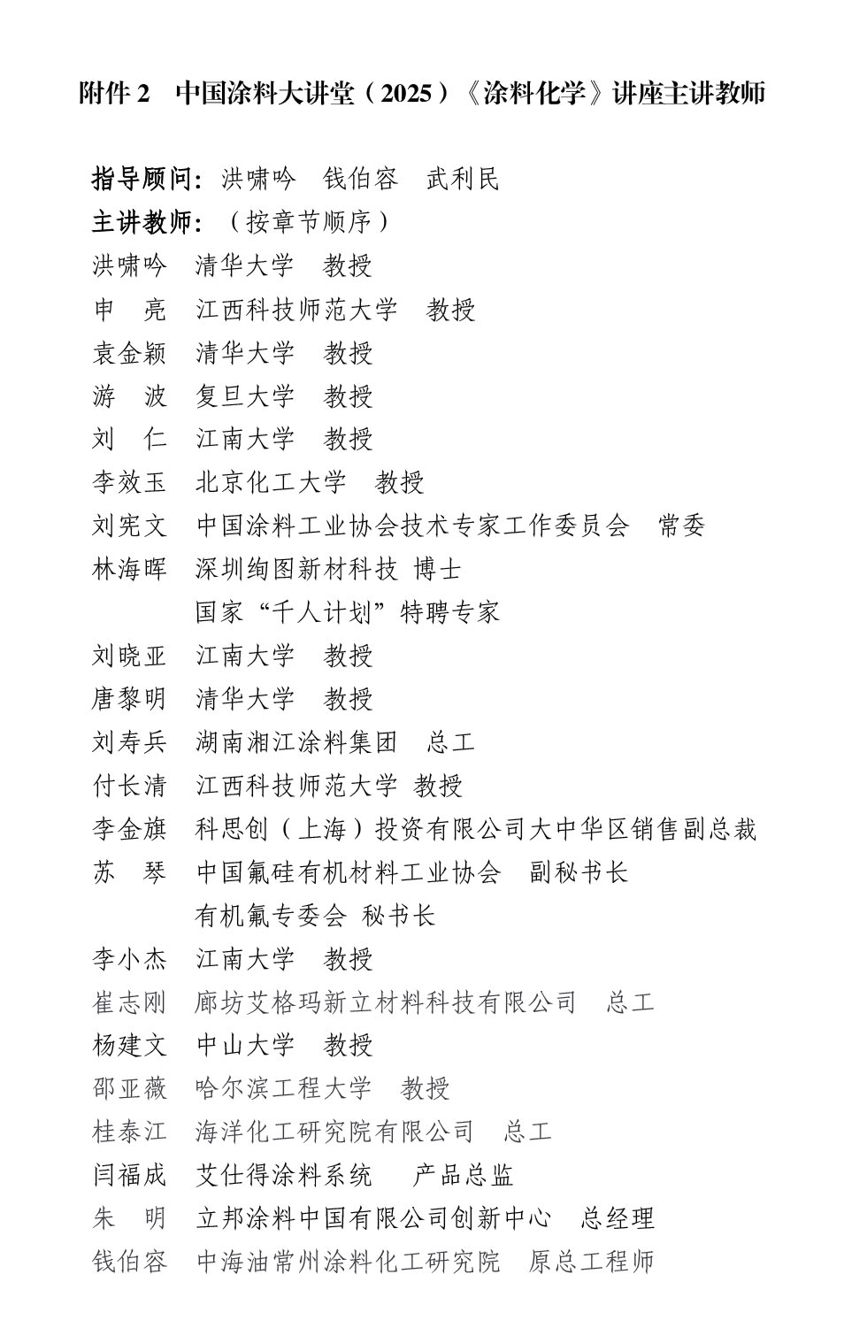 附件2  中國涂料大講堂（2025）《涂料化學(xué)》講座主講教師